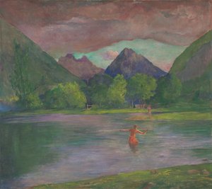 Efterglød, Tautira-floden, Tahiti, fisker, der spidder en fisk, ca. 1895